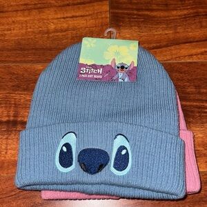 Disney Stitch Kids Knit Beanie Set - Blue and Pink